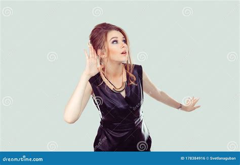 Nosy Closeup Portrait Surprised Young Woman Hand To Ear Gesture
