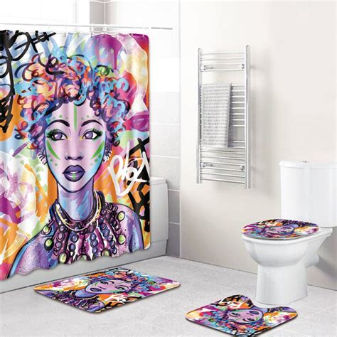 3d African Girls Shower Curtain Bath Mat Toilet Pad Set Flannel Toilet