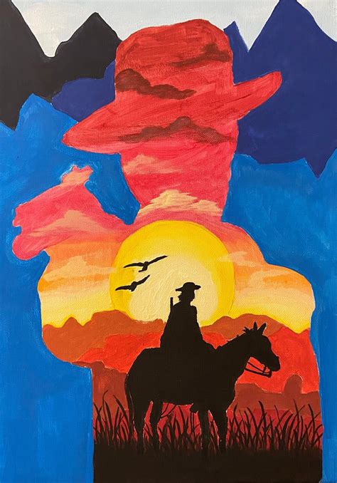 Cowboy Sunset Acrylic Painting Etsy