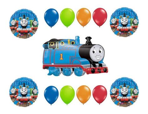 Thomas the train birthday mega party supply pack for 16 with plates, napkins, cups, tablecover, 6 balloons, wall decorating kit, happy birthday banner, exclusive button and candles by another dream! Thomas the Train birthday party supplies balloons by ...