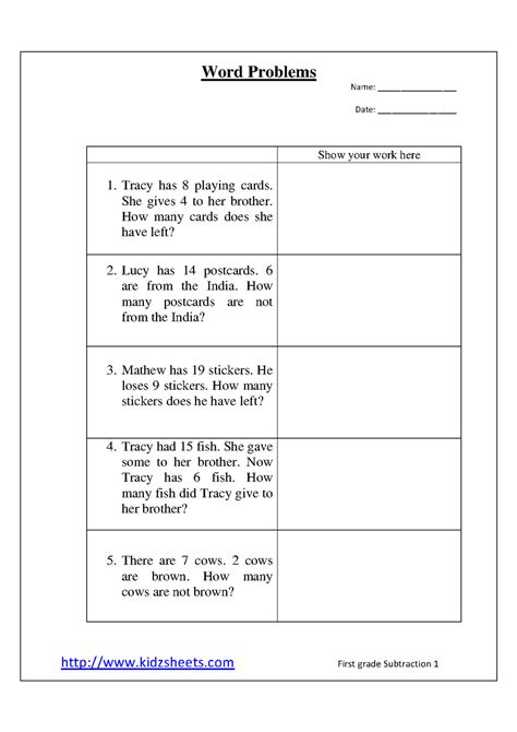 Check spelling or type a new query. Kidz Worksheets: First Grade Word Problems1