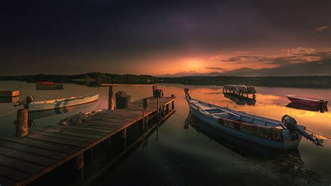 Pier Boats Lakes Boats Piers Sunsets Nature Docks Hd Wallpaper