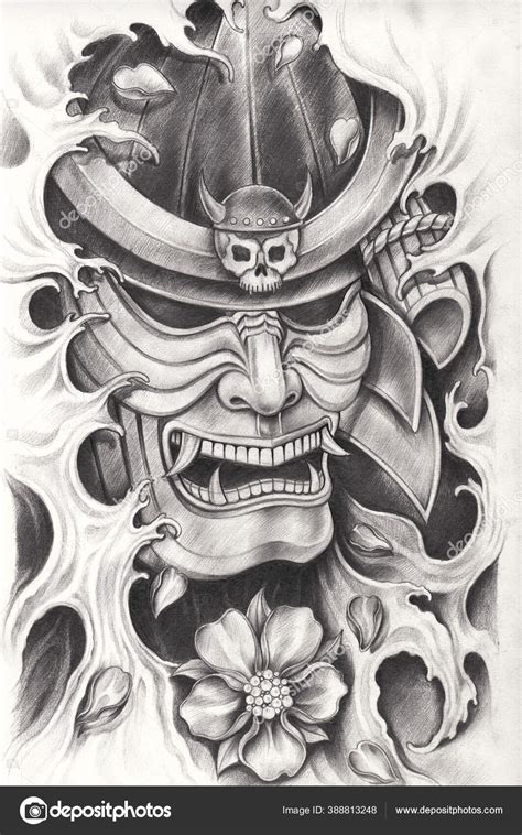 Samurai Diseño Tatuaje Guerrero Dibujo Lápiz Mano Sobre Papel
