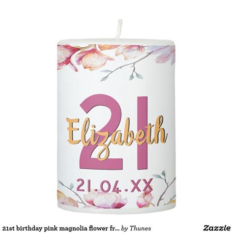 21st Birthday Pink Magnolia Flower Frame On White Pillar Candle
