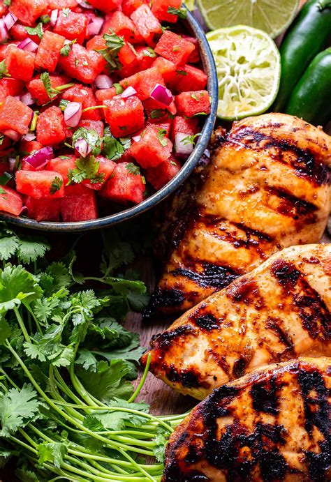 The grilled pineapple salsa on top of the chicken makes this a complete meal. Grilled Honey Lime Chicken with Watermelon Salsa - Recipe ...