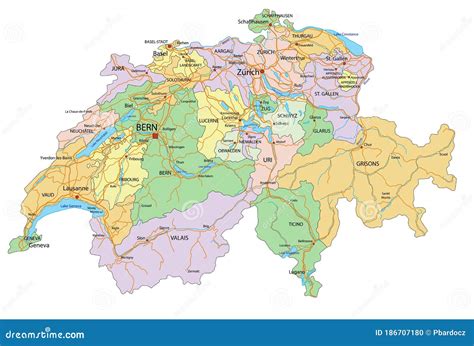Mapa Político Editável Altamente Detalhado Da Suíça Com Rotulagem Ilustração Do Vetor