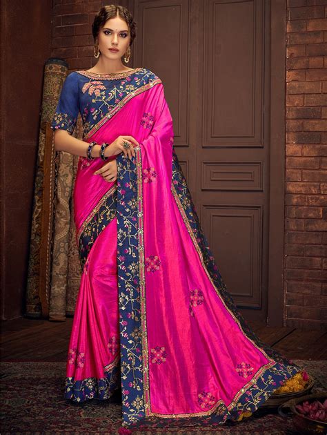 Magenta Pink Silk Saree With Contrast Woven Border In 2020 Party Wear