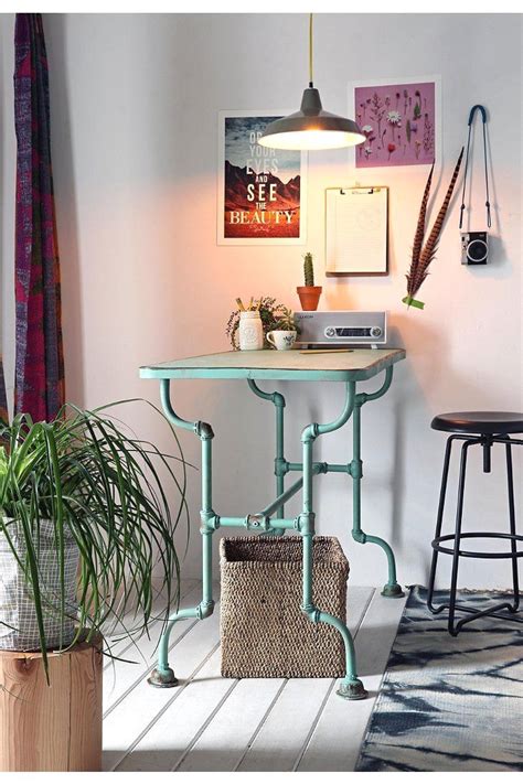 Wood surface is textured for a great rustic feel. Counter height turquoise table [Rustic Industrial Pip ...