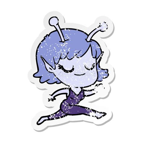 A Creative Distressed Sticker Of A Smiling Alien Girl Cartoon Running