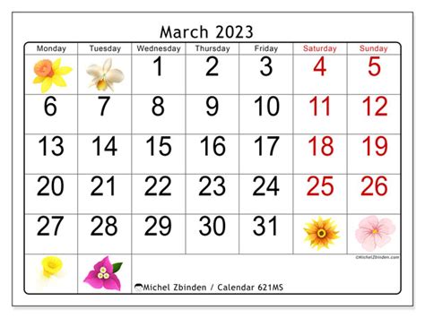 March 2023 Printable Calendar “621ms” Michel Zbinden Us