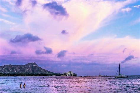 Colorful Pink Sunset Waikiki Beach Swimmers Diamond Head Honolul