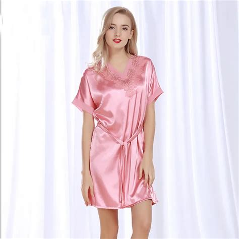 Women Silk Satin Nightgown Short Sleeve Night Shirt V Neck Nightdress Lace Sleeping Dress Summer
