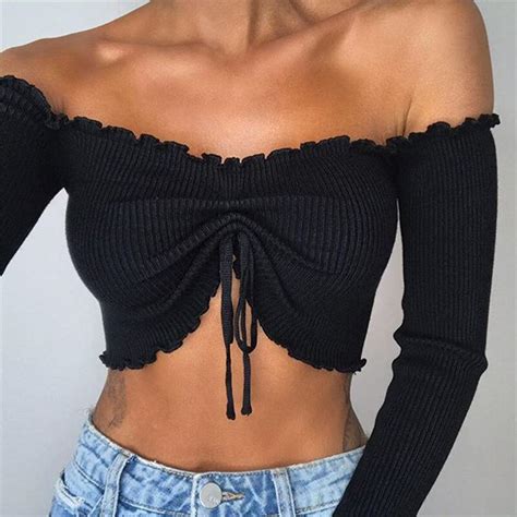 Sexy Fold Lace Up Chest Wrapped Crop Tops Women Autumn Off Shoulder