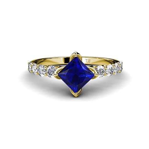 Lab Created Blue Sapphire Princess Cut And Side Diamond Engagement Ring