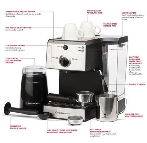 The italian coffee maker makes it possible to prepare coffees that are halfway between those of a filter coffee maker and an espresso machine with grinder: 7 Pc All-In-One Espresso Machine and Cappuccino Maker ...