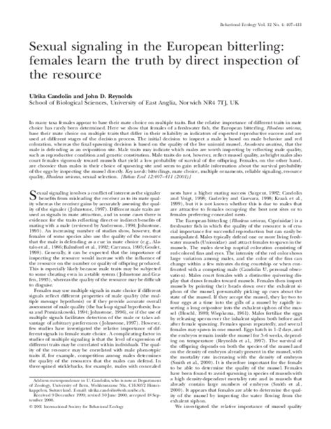Pdf Sexual Signaling In The European Bitterling Females Learn The Truth By Direct Inspection