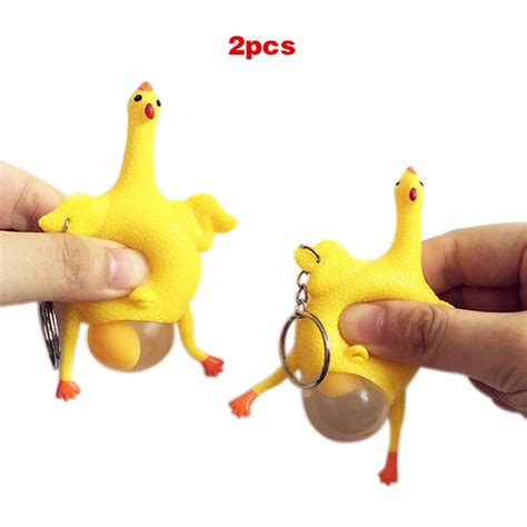 2 Pcs Hens Chicken Laying Egg Keychains Sticky Venting Prank Squeeze