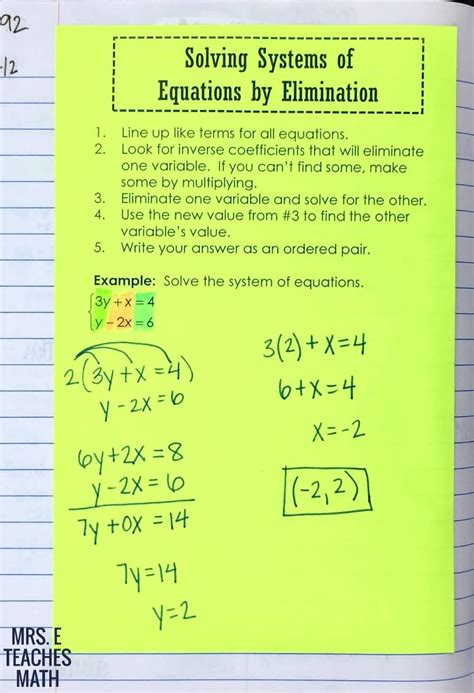 Solving Systems Of Equations By Elimination Interactive Notebook Page