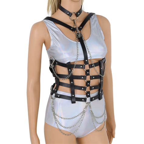 Women Sexy Body Chest Harness Leather Chain Cupless Teddy Cage Bras Top