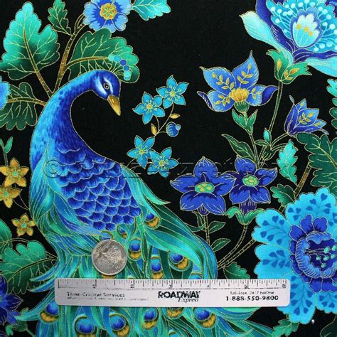 Peacocks Plume Black Gold Metallic Etching Peacock Quilt Fabric By The