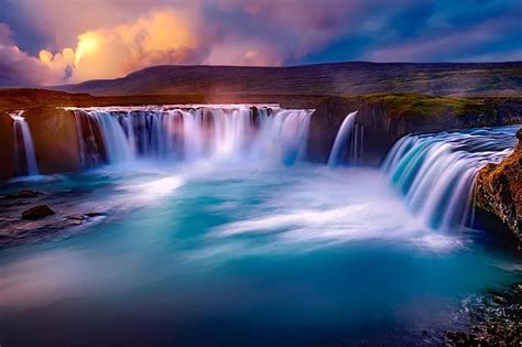 Godafoss Iceland Waterfall Falls Canyon River Water Landscape Sunset Dusk Nature Pikist