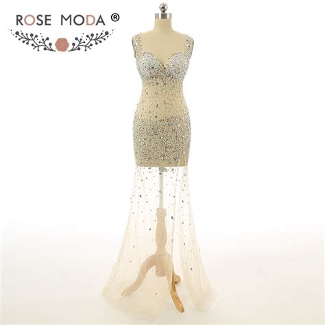 Rose Moda Crystal Prom Dress Sexy See Through Prom Dresses Long Cut Out