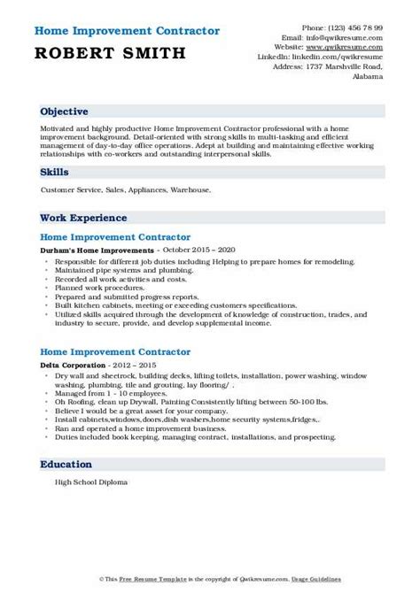 home improvement contractor resume samples qwikresume