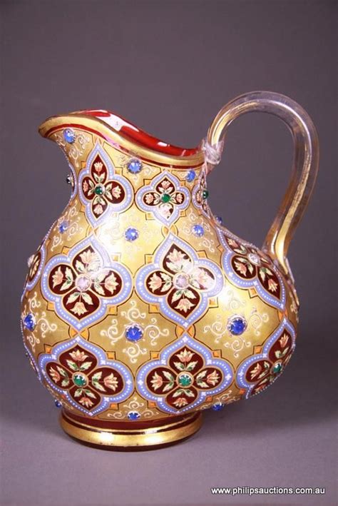 Jewelled Moser Pitcher With Moorish Gothic Floral Design European Glass