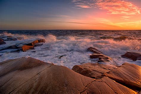 Sunset Sea Rocks Waves Landscape Wallpapers Hd Desktop And Mobile