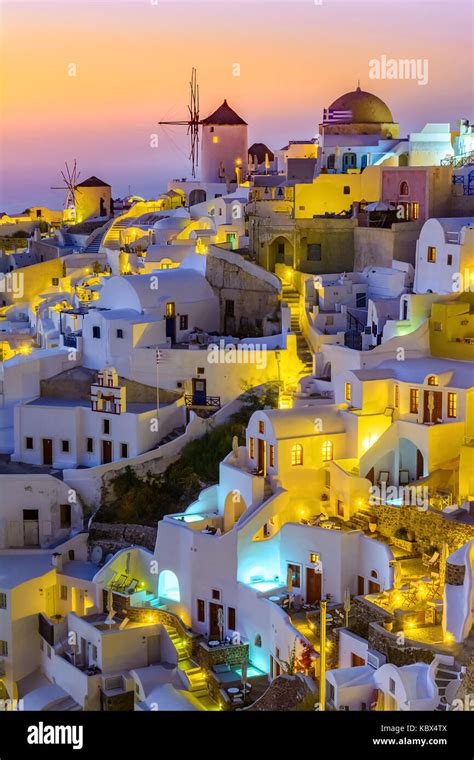 Aerial View Of Oia Town Santorini Island Greece At Sunset