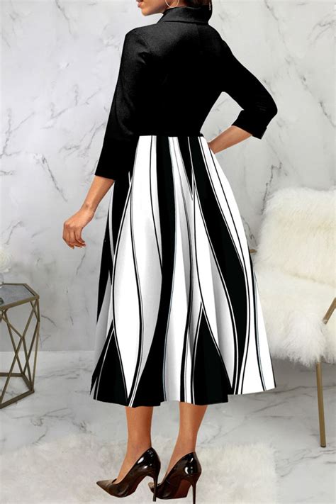 Wholesale Black Casual Elegant Print Patchwork Buckle Turndown Collar A Line Dresses K75664 1 Online