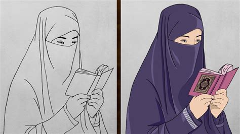 How To Draw A Muslim Girl With Hijab Girl With Quran Drawing