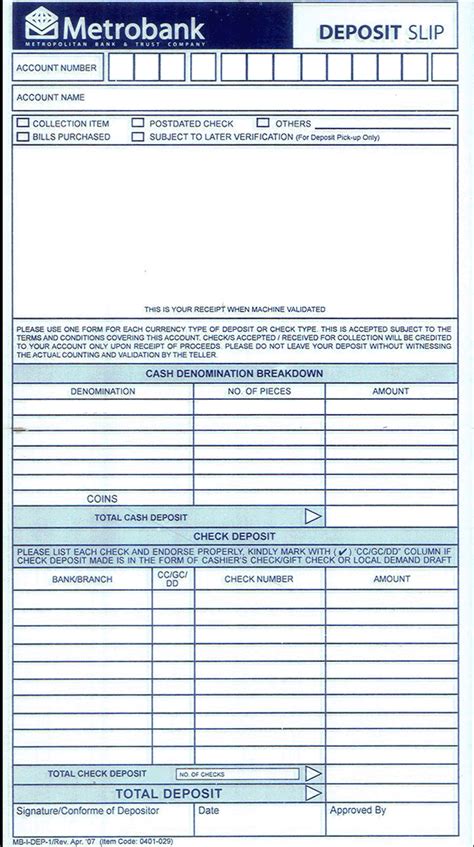 Banks require documentation in the form of a completed deposit slip to process deposits into your savings or checking account. Metrobank Deposit Slip Sample Copy - Banking 30652