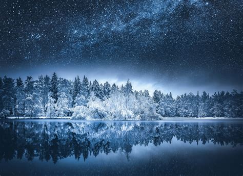 Nature Landscape Snow Milky Way Lake Starry Night Water
