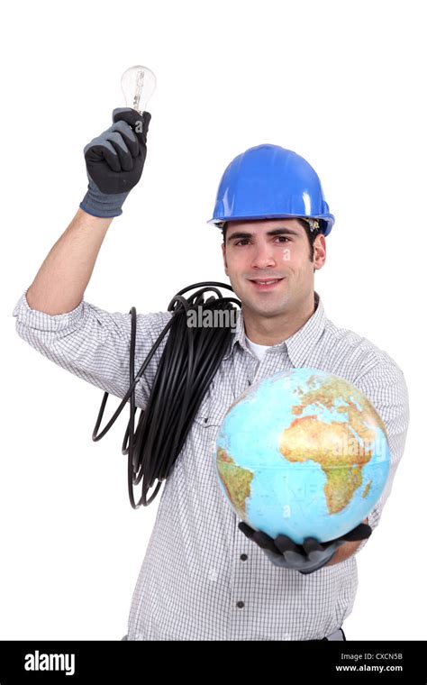 Electrician Holding Light Bulb And Globe Stock Photo Alamy