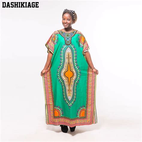 Dashikiage Autumn African Tribe Dashiki Fabric Appliques Green Loose Long Maxi Dress In Dresses