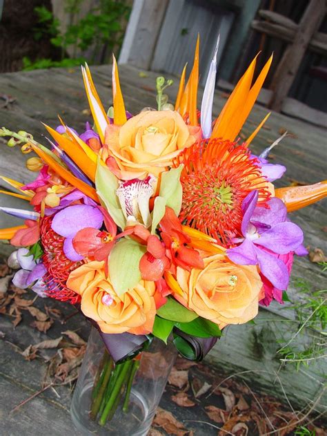 Tropical Mix Of Orange Protea Bird Of Paradise Purple Orchids And