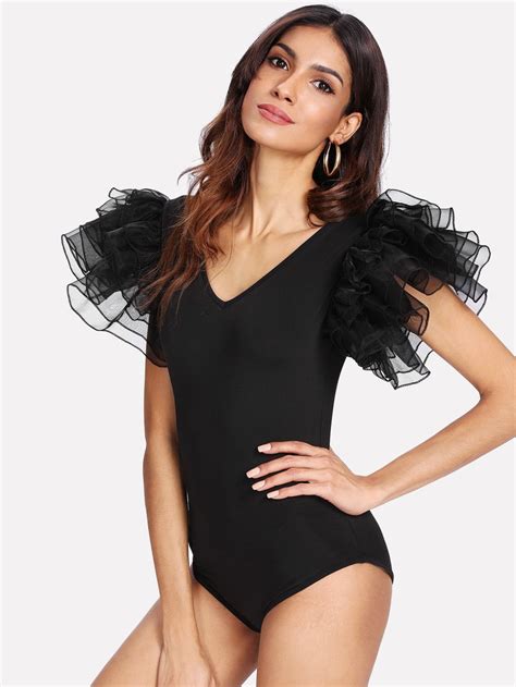 shop tiered mesh ruffle sleeve bodysuit online shein offers tiered mesh ruffle sleeve bodysuit