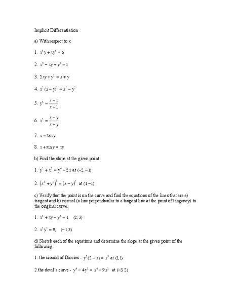 Implicit Differentiation Worksheet For 9th 11th Grade Lesson Planet