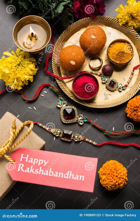 Indian Festival Raksha Bandhan With Rakhi Bracelets Presents Rice And