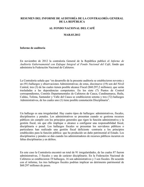 Resumen Del Informe De AuditorÍa De La ContralorÍa