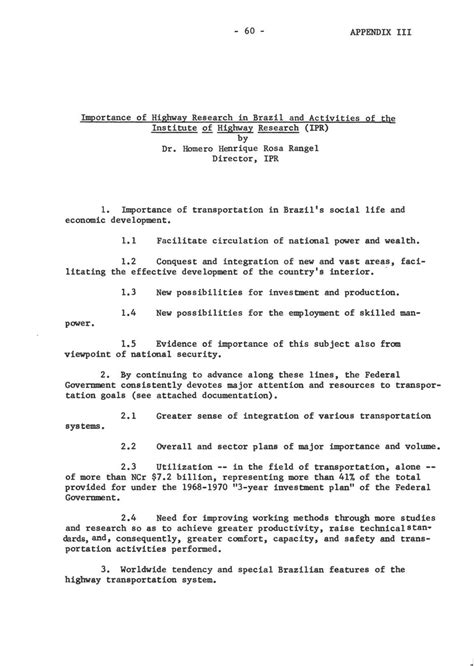 Example of an outline for a research paper: APPENDIX III: Discussion paper on the Importance of High- way Research in Brazil and Activities ...