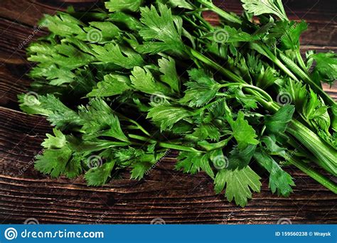 Green Celery Leaves Used As Herb On Dark Wooden Board Closeup Photo