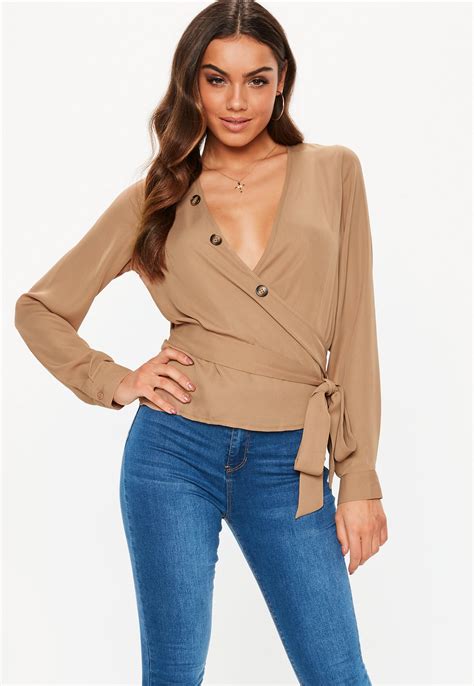 Brown Horn Button Wrap Blouse | Missguided