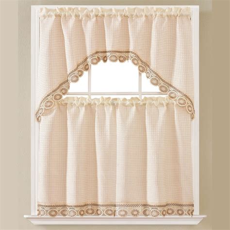 Leena 3 Piece Floral Embroidered Kitchen Curtain Set With Swag Valance Beige 60x36 Inches