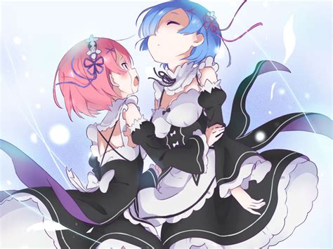 Blue Hair Bow Cropped Crying Headdress Maid Neki Wakiko Pink Hair Ram Rezero Rem Rezero