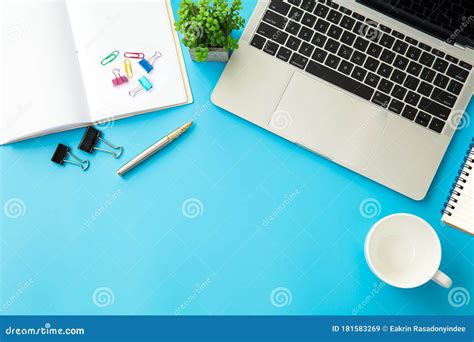Top View Desk With Laptop And Supplies For Work Stock Image Image Of