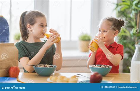 Happy Children Having Breakfast Stock Photo Image Of Domestic Fruit
