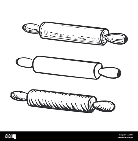 Set Of Rolling Pin Hand Draw Vector Illustration In Engraving Style