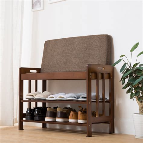 Ollieroo 2 Tier Entryway Shoe Rack With Bench Cushion Bamboo Brown